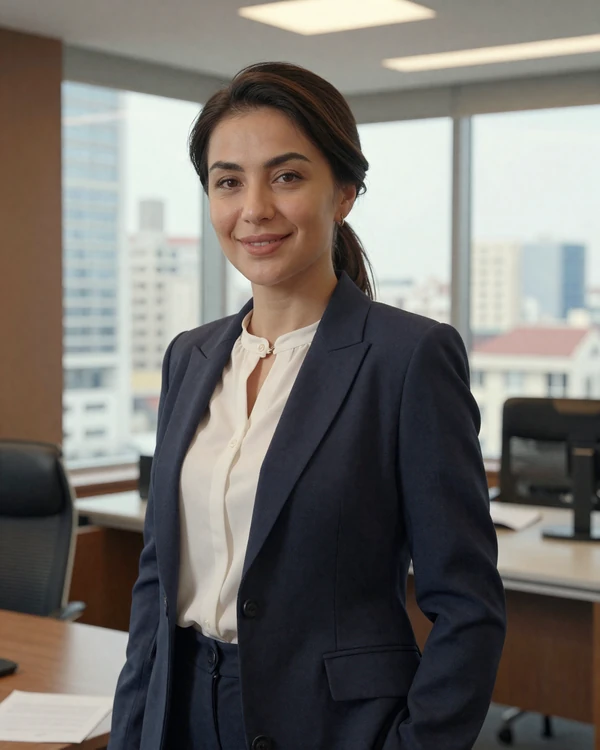 Professional Turkmen woman in modern office setting representing educated Turkmenistan singles
