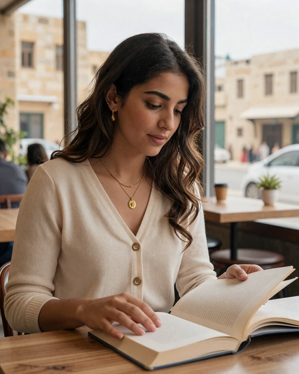 Educated Jordanian woman reading at a modern Amman cafe reflecting Jordan dating culture and cosmopolitan lifestyle