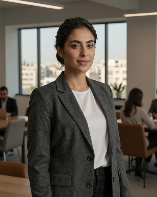 Professional Jordanian woman in modern Amman coworking space representing educated career-oriented Jordan singles