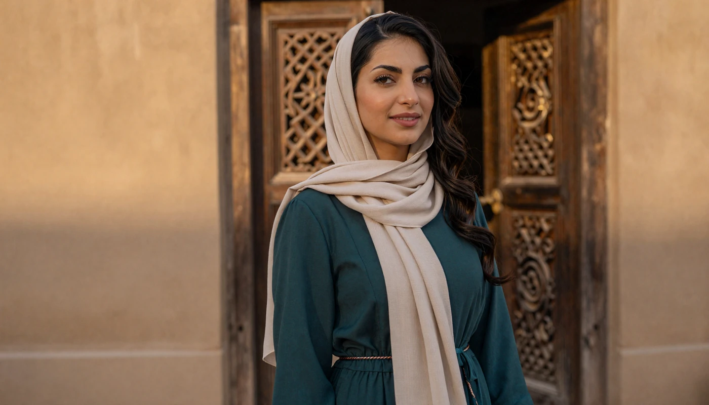 Beautiful Yemeni woman in elegant modest attire near traditional Arabian architecture ready for online dating