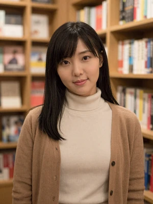 Mei Ling, 27, verified Taiwanese woman in cream turtleneck at a Taipei bookstore
