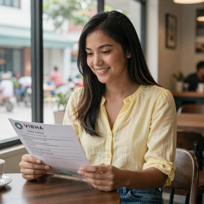 Filipino woman reviewing K-1 visa documents at a cafe in Manila with hopeful expression