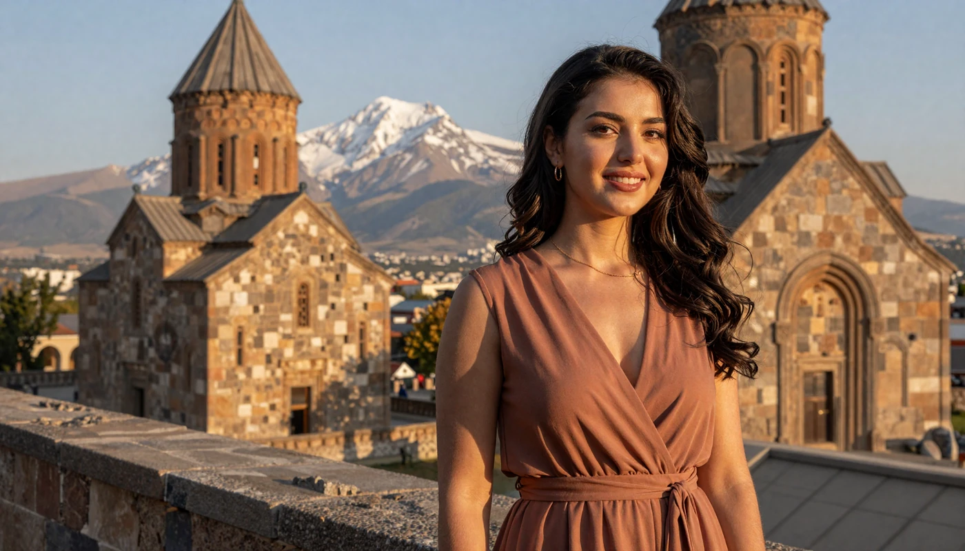 Beautiful Armenian woman in stylish terracotta dress near ancient stone architecture with Mount Ararat in background