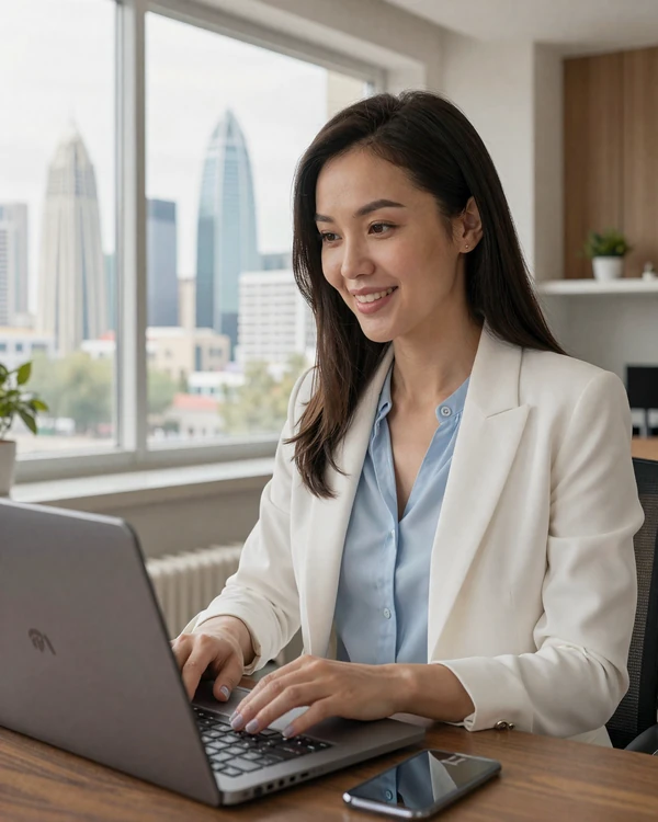 Kazakh woman using TheNewRelationships video chat to connect with Western partner from Astana apartment