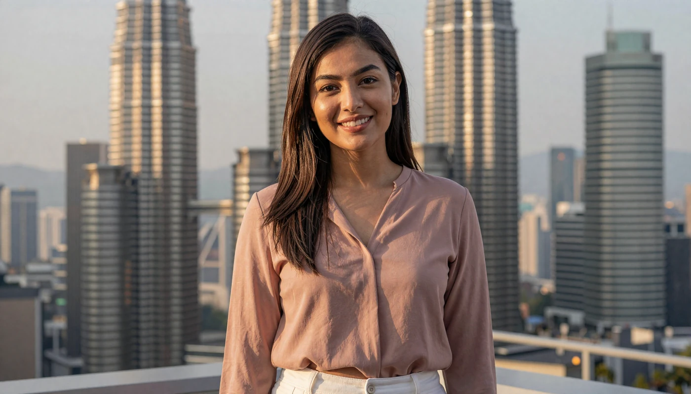 Beautiful Malaysian woman smiling on Kuala Lumpur rooftop with Petronas Towers backdrop for online dating