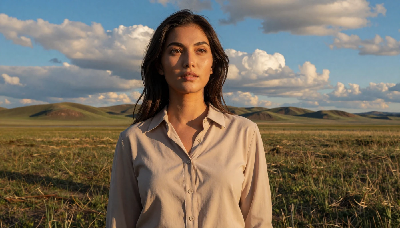 Beautiful Mongolian woman standing on the vast green steppe at golden hour ready for online dating
