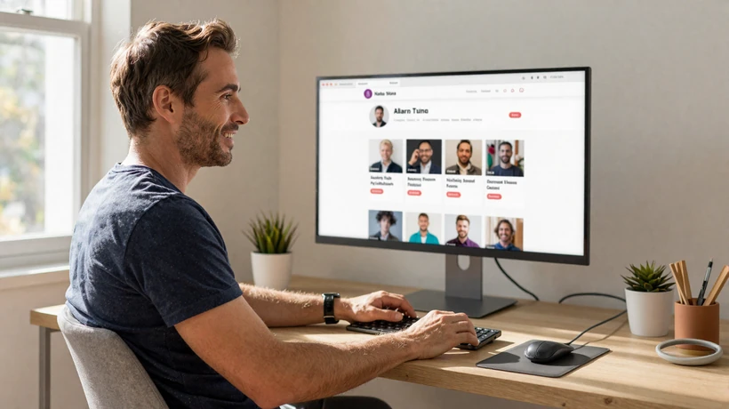 Man comparing Asian dating sites on his computer screen with multiple profile cards visible in a bright home office