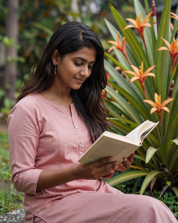 Bangladeshi woman reading in a lush garden setting reflecting educated singles culture