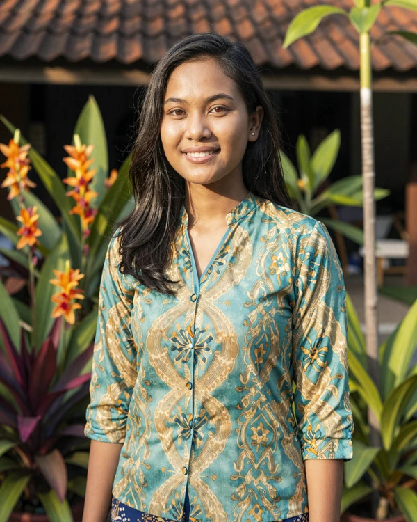 Malaysian woman in modern batik blouse standing in tropical garden reflecting Malaysian multicultural beauty