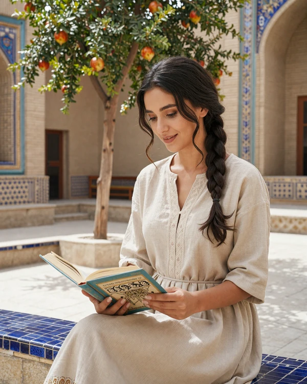 Young Uzbek woman reading in a traditional Bukhara courtyard reflecting educated Uzbek singles culture