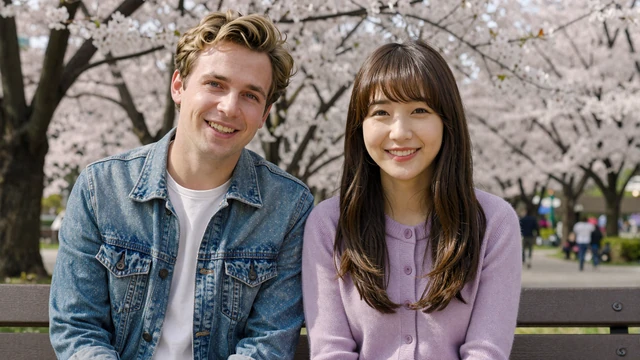 Thomas and Yuna sitting on a bench in a Seoul cherry blossom park