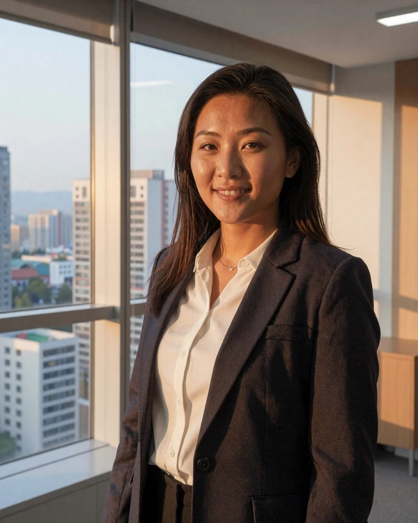 Professional Mongolian woman in a modern Ulaanbaatar office representing educated Mongolia singles