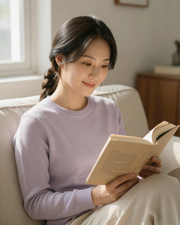 Korean heritage woman reading at home in warm morning light representing the quiet strength of North Korean diaspora singles