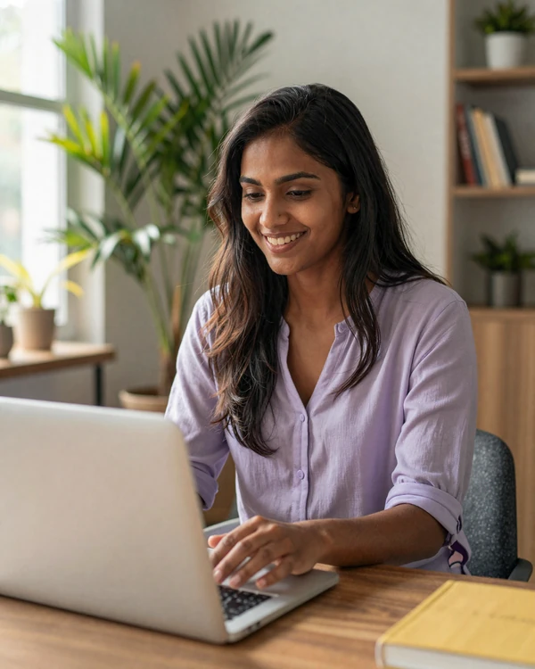 Sri Lankan woman enjoying video chat on TheNewRelationships platform in her Colombo apartment