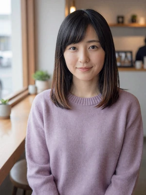 Sakura, 28, verified Japanese woman in lavender sweater at a cozy Osaka cafe