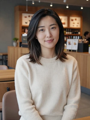 Mei Lin, 30, verified Chinese woman from Beijing in cream sweater at modern coffee shop