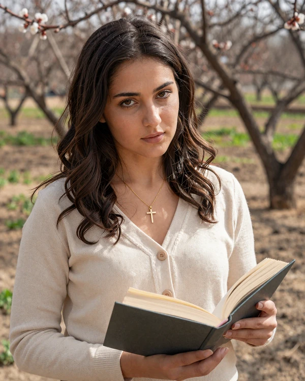 Armenian woman reading in a sunlit garden with apricot trees reflecting Armenian cultural traditions and warmth