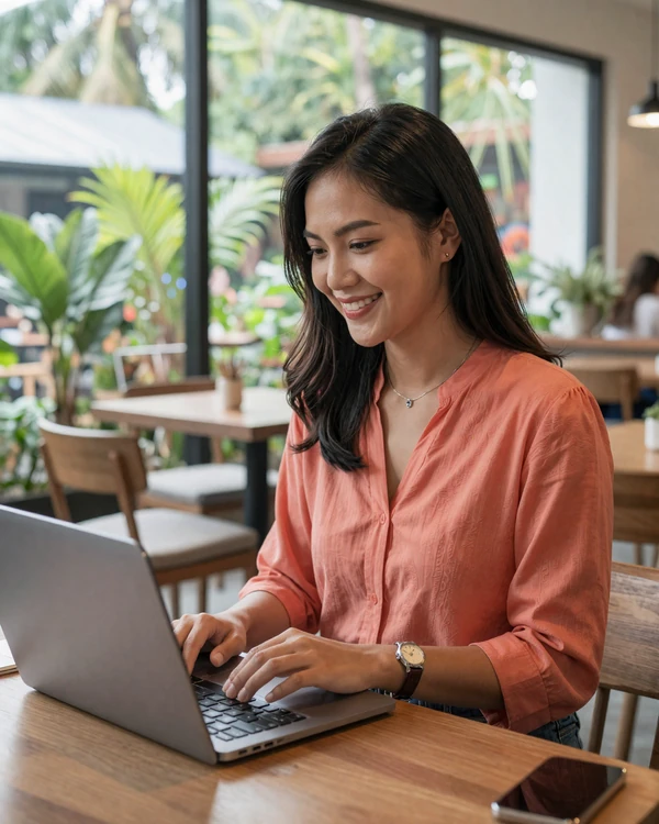 Indonesian woman using TheNewRelationships platform on laptop to connect with international partner