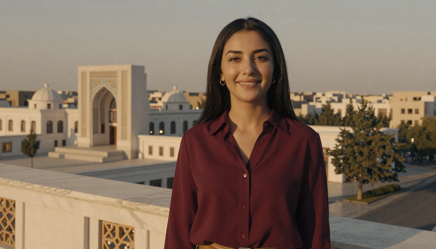 Beautiful Turkmen woman in modern clothing with Ashgabat white marble cityscape at golden hour