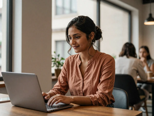 Nepali professional woman working at laptop in modern Kathmandu coworking space