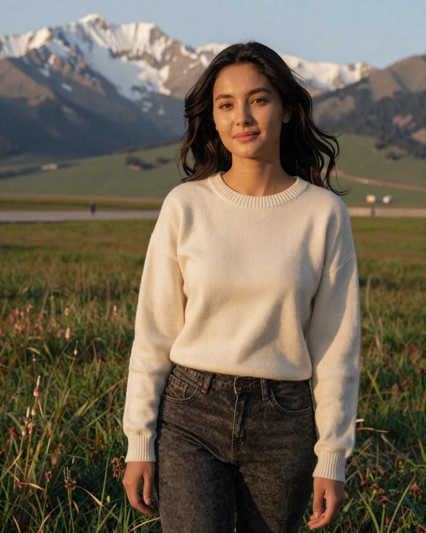 Kyrgyz woman in an alpine meadow near Tian Shan mountains reflecting nomadic heritage and modern confidence