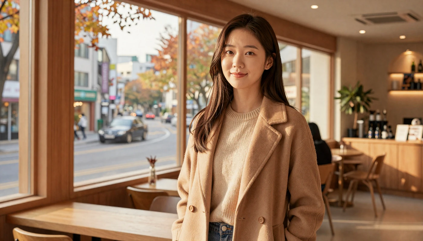 Stylish Korean woman in trendy K-fashion at a modern Seoul café ready for online dating