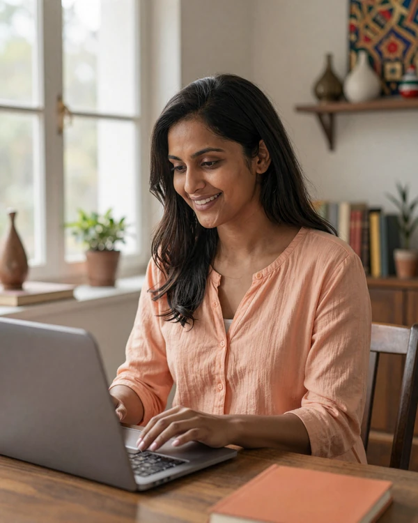 Indian woman using TheNewRelationships video chat to connect with her Western partner