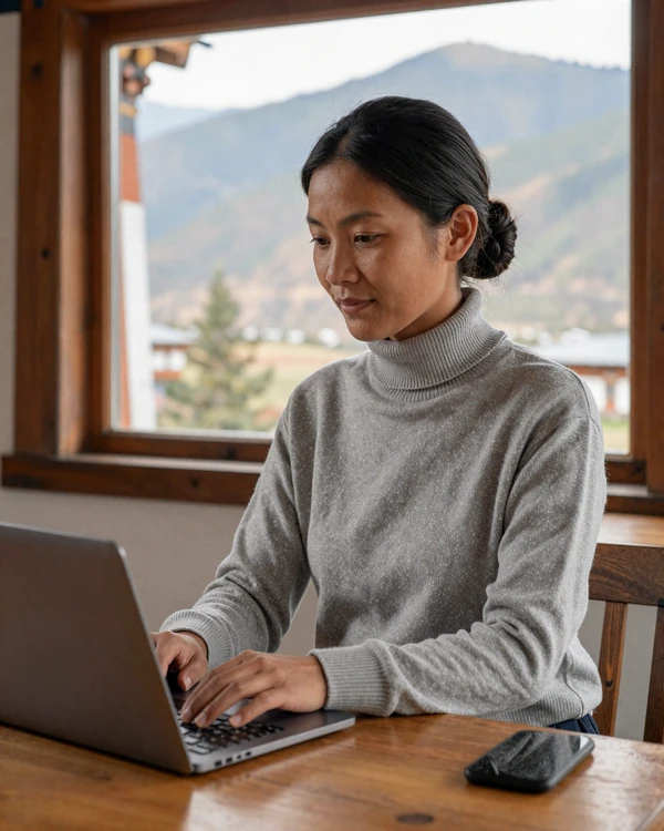 Bhutanese professional woman working on a laptop with Himalayan mountain view reflecting modern educated Bhutanese singles
