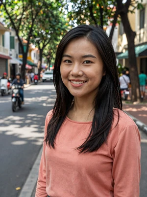 Linh, 26, verified Vietnamese woman from Ho Chi Minh City in coral top on tree-lined street