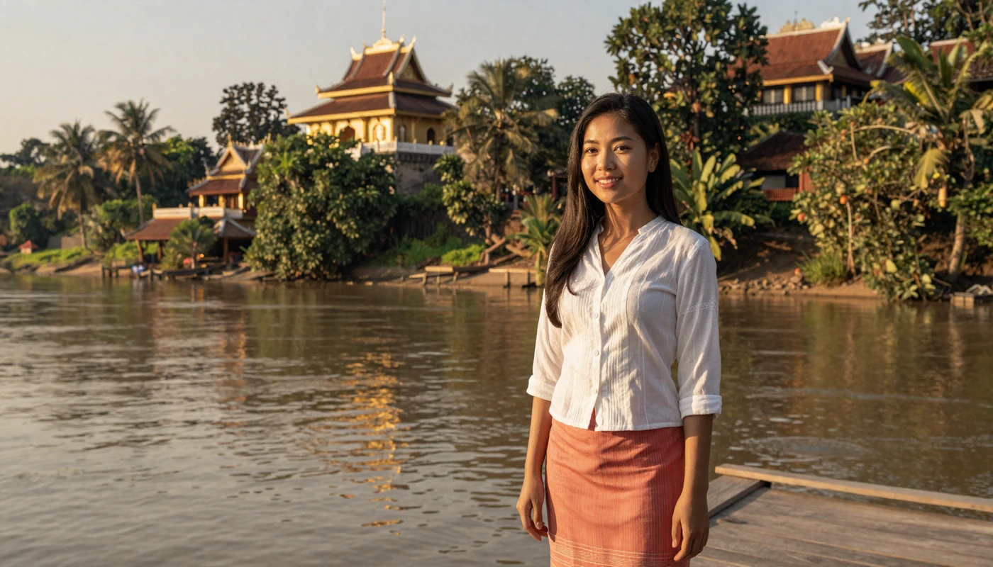 Beautiful Laotian woman in traditional sinh skirt overlooking the Mekong River at golden hour in Laos