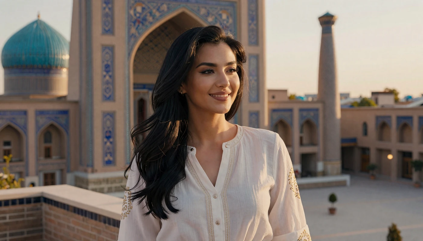 Beautiful Uzbek woman in elegant blouse overlooking Samarkand Silk Road architecture at golden hour