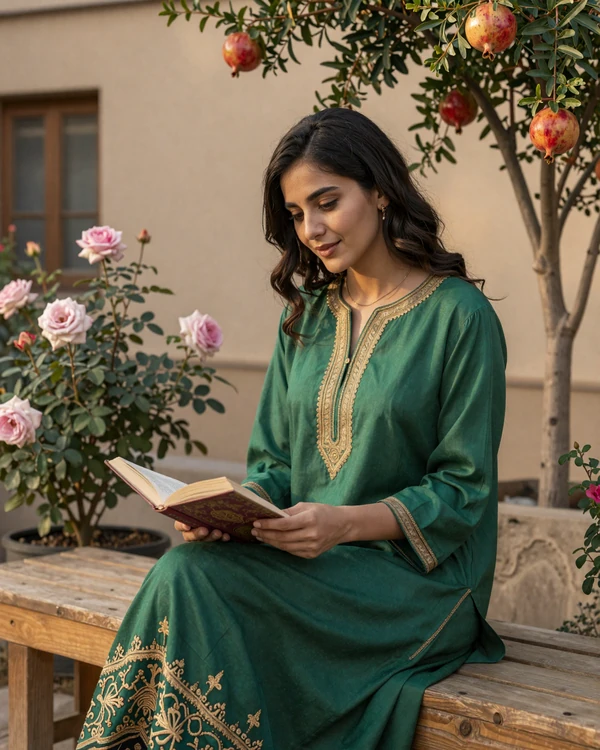 Afghan woman reading in a garden reflecting educated Afghan singles culture and traditions