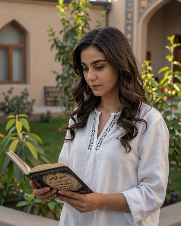 Tajik woman reading Persian poetry in sunlit garden representing educated Tajik singles culture