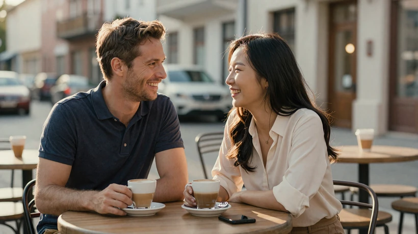 Happy intercultural couple laughing together at an outdoor cafe representing why Western men choose Asian women for relationships