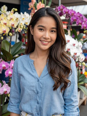 Suki, 24, verified Thai woman in blue blouse smiling at Bangkok flower market
