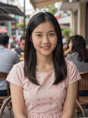 Linh, 25, verified Vietnamese woman in pink floral dress at outdoor cafe in Ho Chi Minh City