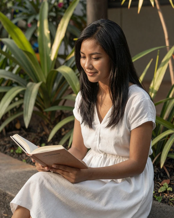 Cambodian woman reading in a tropical garden reflecting the educated and graceful nature of Khmer singles