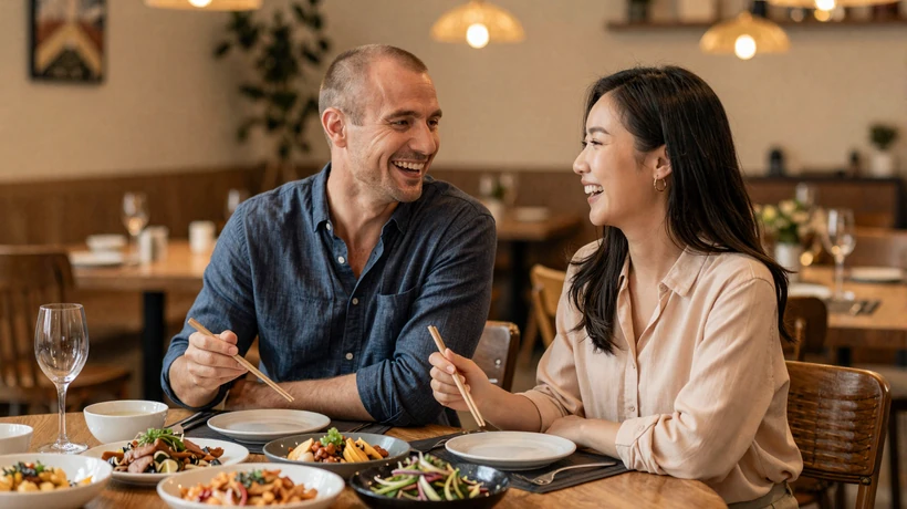 Intercultural Asian-Western couple sharing a meal with both Asian and Western dishes at a warm restaurant