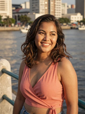 Nara, 29, verified Filipino woman in coral top laughing at Manila waterfront at golden hour