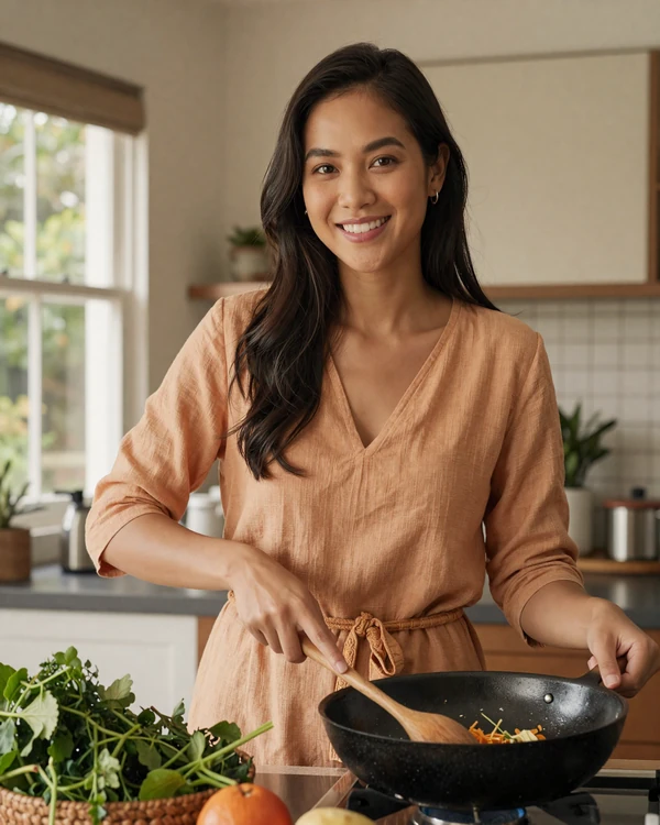 Thai woman cooking traditional food in a bright modern kitchen showing Thai culinary culture
