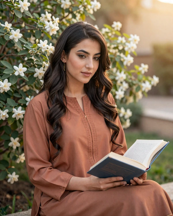 Yemeni woman reading in a garden reflecting educated Yemeni singles culture and aspirations