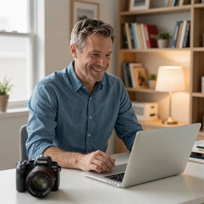 Western man smiling during a video chat date with an Asian woman