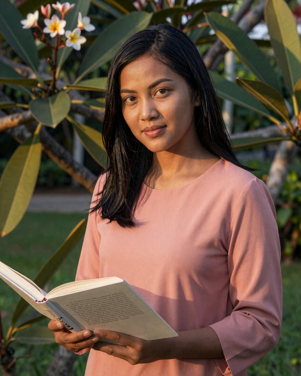 Educated Bruneian woman reading in a tropical garden reflecting the high literacy and cultural grace of Brunei singles