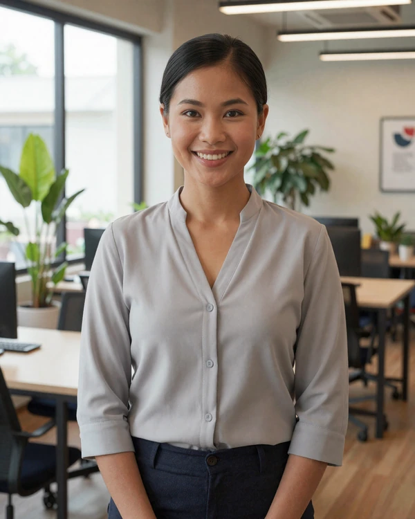 Professional Cambodian woman in modern workspace representing educated Khmer singles pursuing careers and love