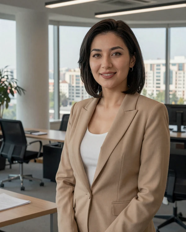 Professional Uzbek woman in modern Tashkent office representing educated Central Asian singles