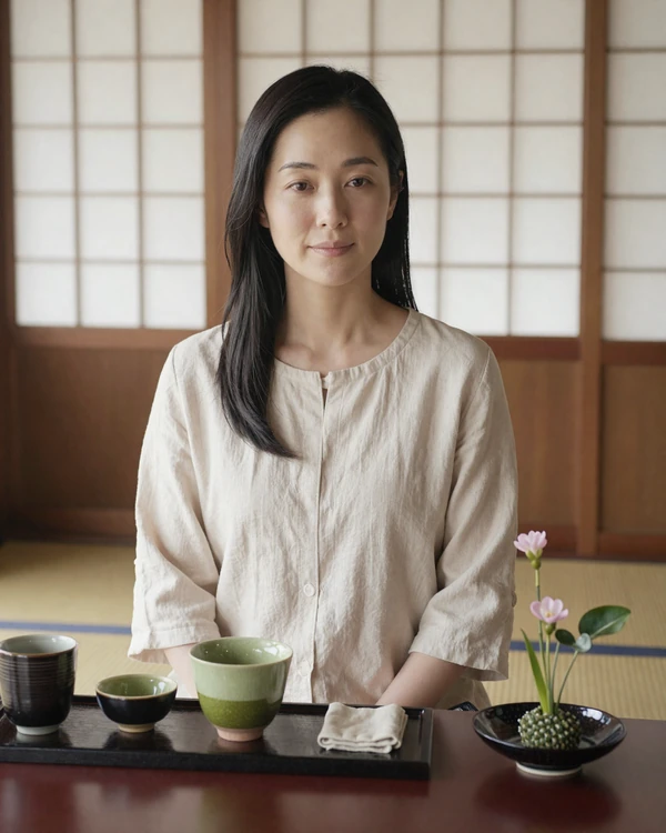 Japanese woman enjoying traditional matcha tea ceremony reflecting refined dating culture in Japan
