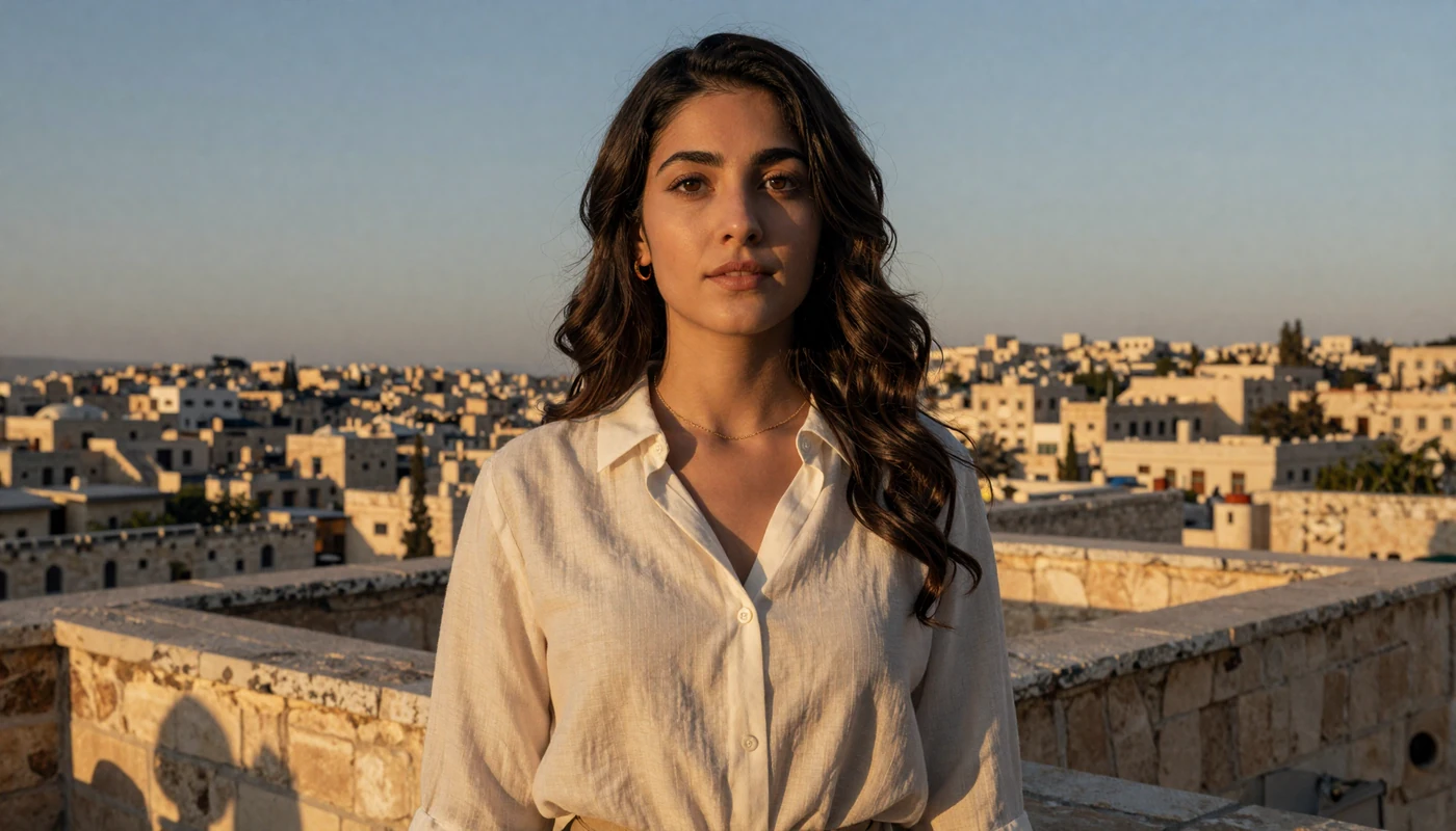 Beautiful Jordanian woman in elegant cream blouse overlooking Amman cityscape at sunset ready for dating connection
