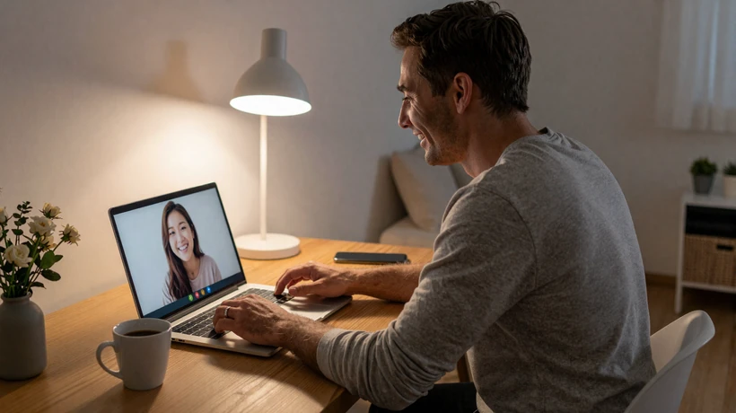 Man on a video call with his Asian girlfriend during a long-distance relationship evening chat