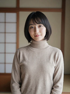 Sakura, 31, verified Japanese woman from Osaka in beige turtleneck with minimalist interior