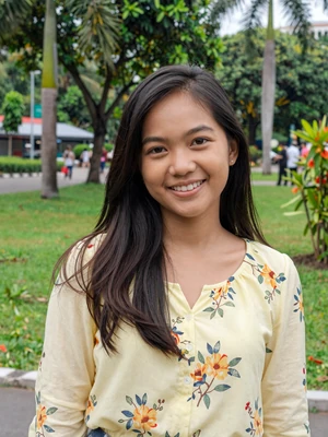 Wulan, 24, verified Indonesian woman from Jakarta in yellow floral blouse at tropical park